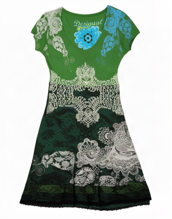 Desigual Robe T-Shirt Graphique Femme UK 20 2XL Vert Paisley Viscose