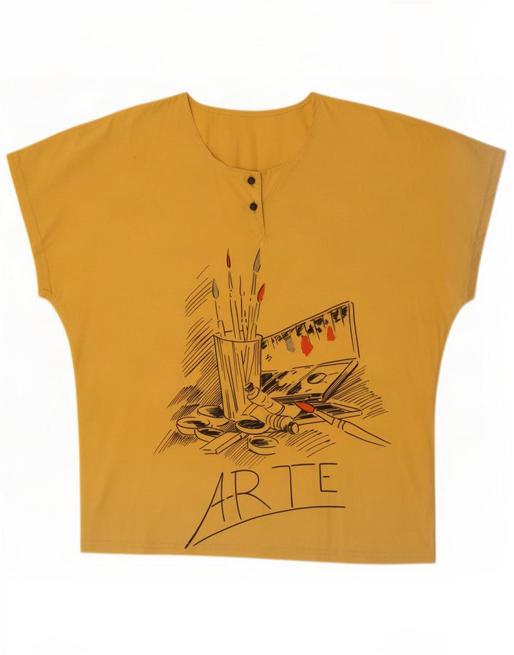 vintage Womens Graphic Blouse Top UK 14 Coton Jaune Moyen