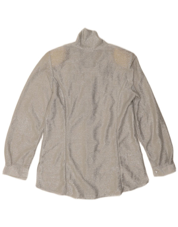 vintage Femme Front Tie Shirt Blouse UK 12 Moyen Argent Moucheté