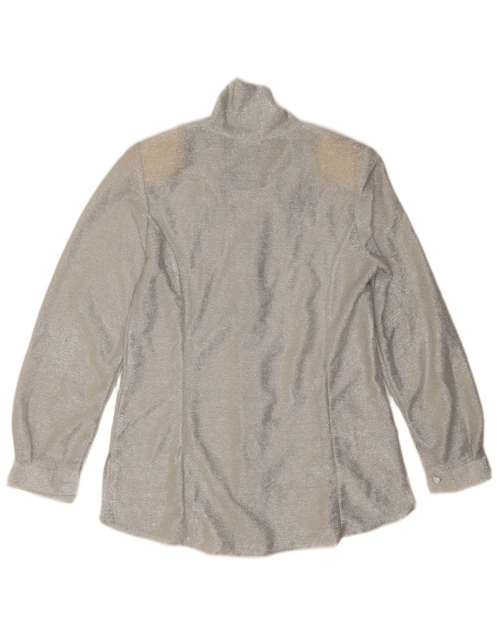 vintage Femme Front Tie Shirt Blouse UK 12 Moyen Argent Moucheté