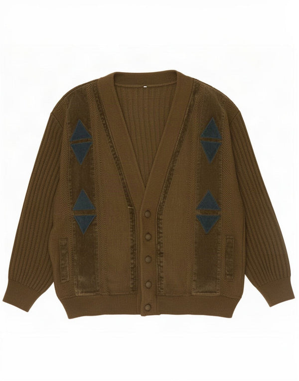 vintage Mens Cardigan Pull Grand Kaki Géométrique