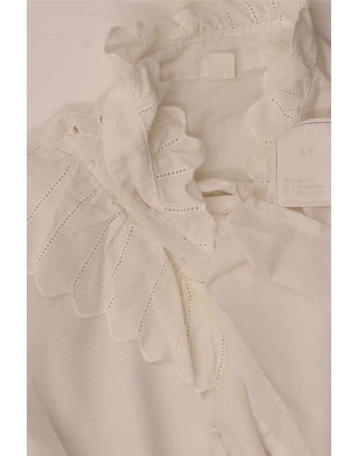 vintage Femmes 3/4 Manches Volants Chemise Chemisier UK 12 Moyen Blanc