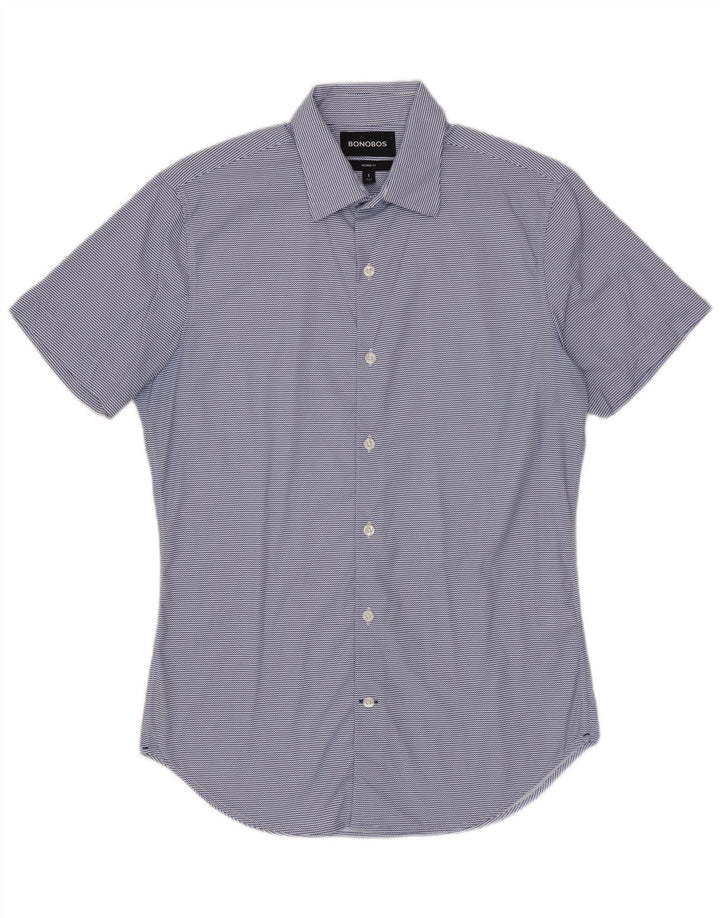 BONOBOS Chemise à manches courtes pour homme Coupe ajustée Petit nylon à fines rayures bleues
