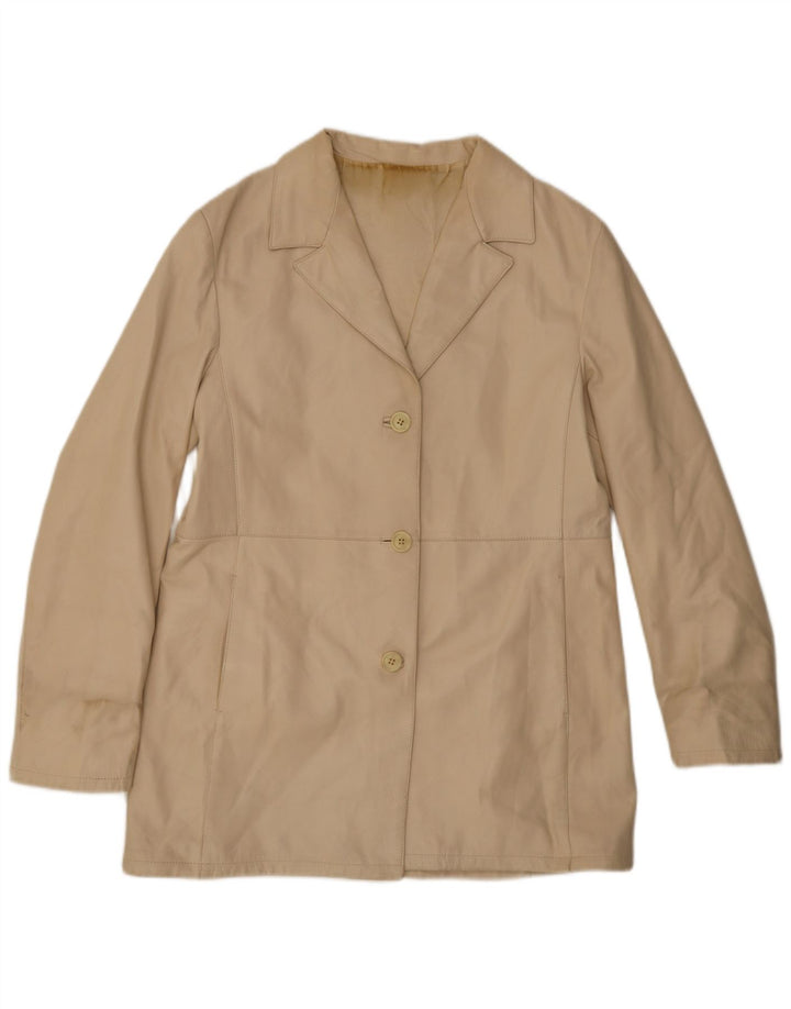 vintage Femme 3 Boutons Veste Blazer En Cuir IT 48 XL Cuir Beige
