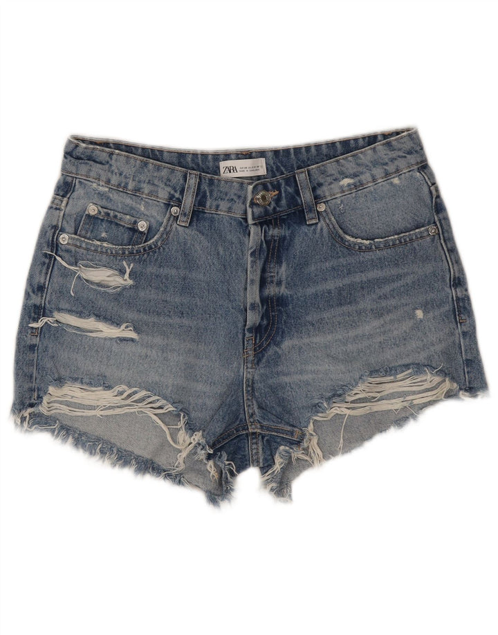 Zara Short en jean vieilli pour femme EU 38 Petit W28 Bleu Coton