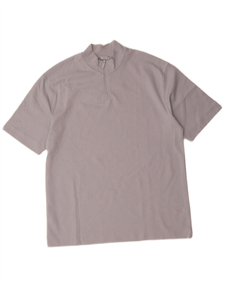 Zara Homme T-Shirt À Col Zippé Bleu Moyen Coton