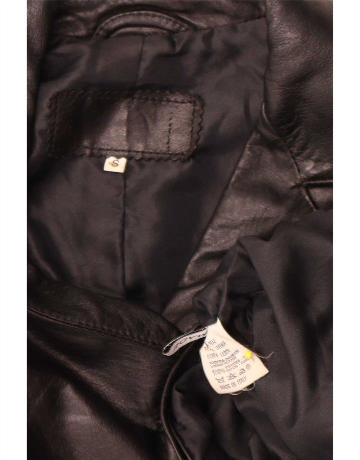 vintage Femmes Surdimensionné 3 Bouton Veste Blazer En Cuir UK 10 Petit Noir