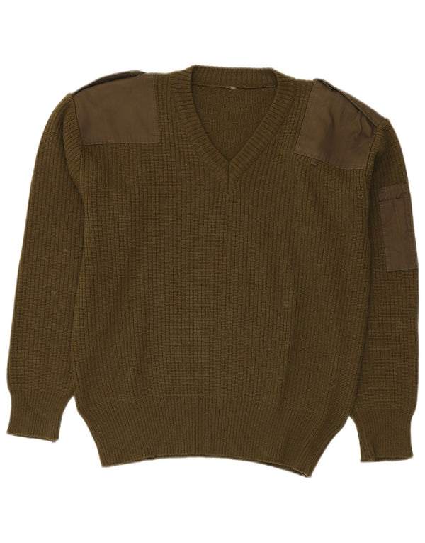 vintage Mens Militaire Col V Pull Pull Vert Moyen