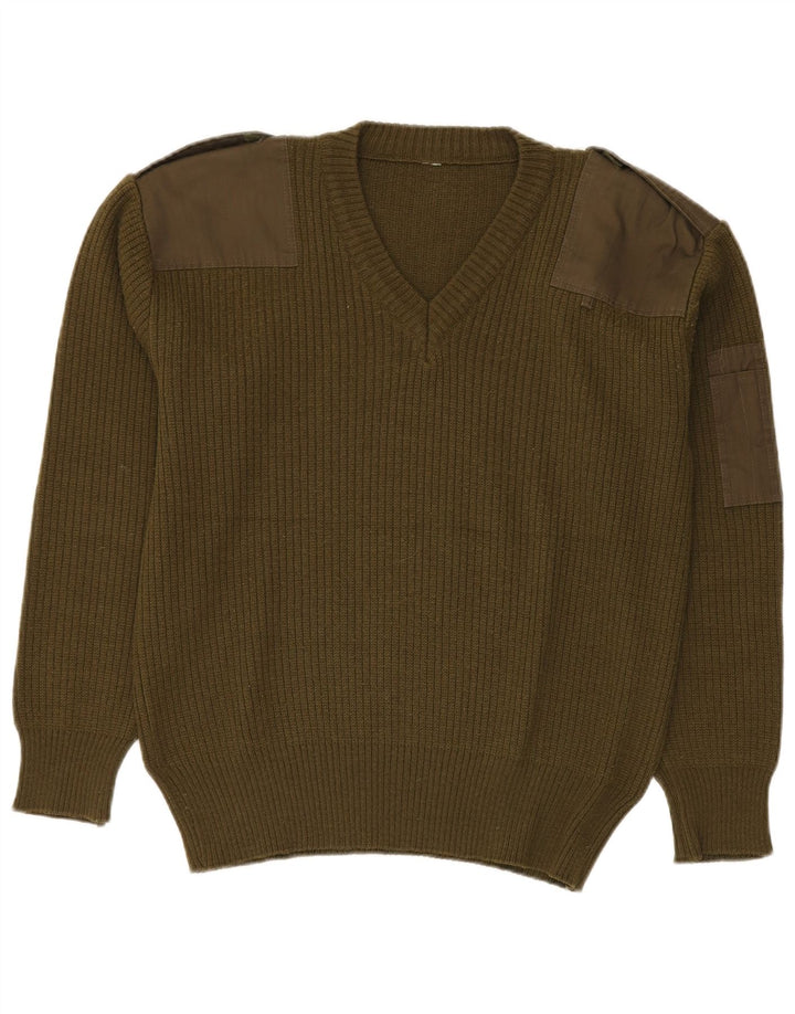 vintage Mens Militaire Col V Pull Pull Vert Moyen