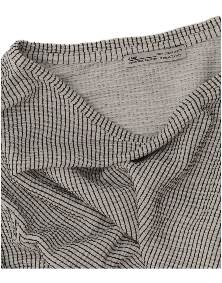 Zara Womens Crop Top Manches Longues UK 14 Gris Moyen Rayure Fine