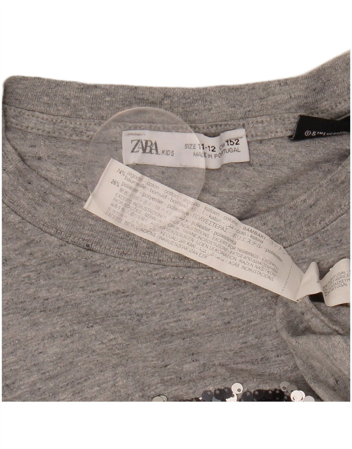 ZARA Filles Graphic Top Manches Longues 11-12 ans Gris Coton