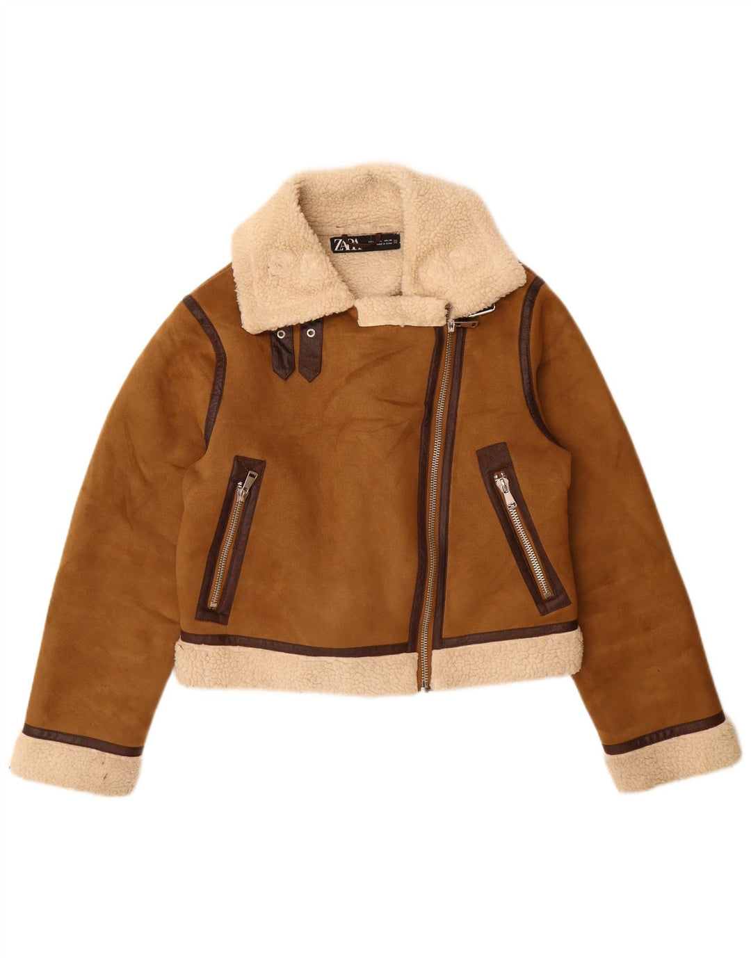 Zara Veste Sherpa Femme UK 16 Large Marron Polyester