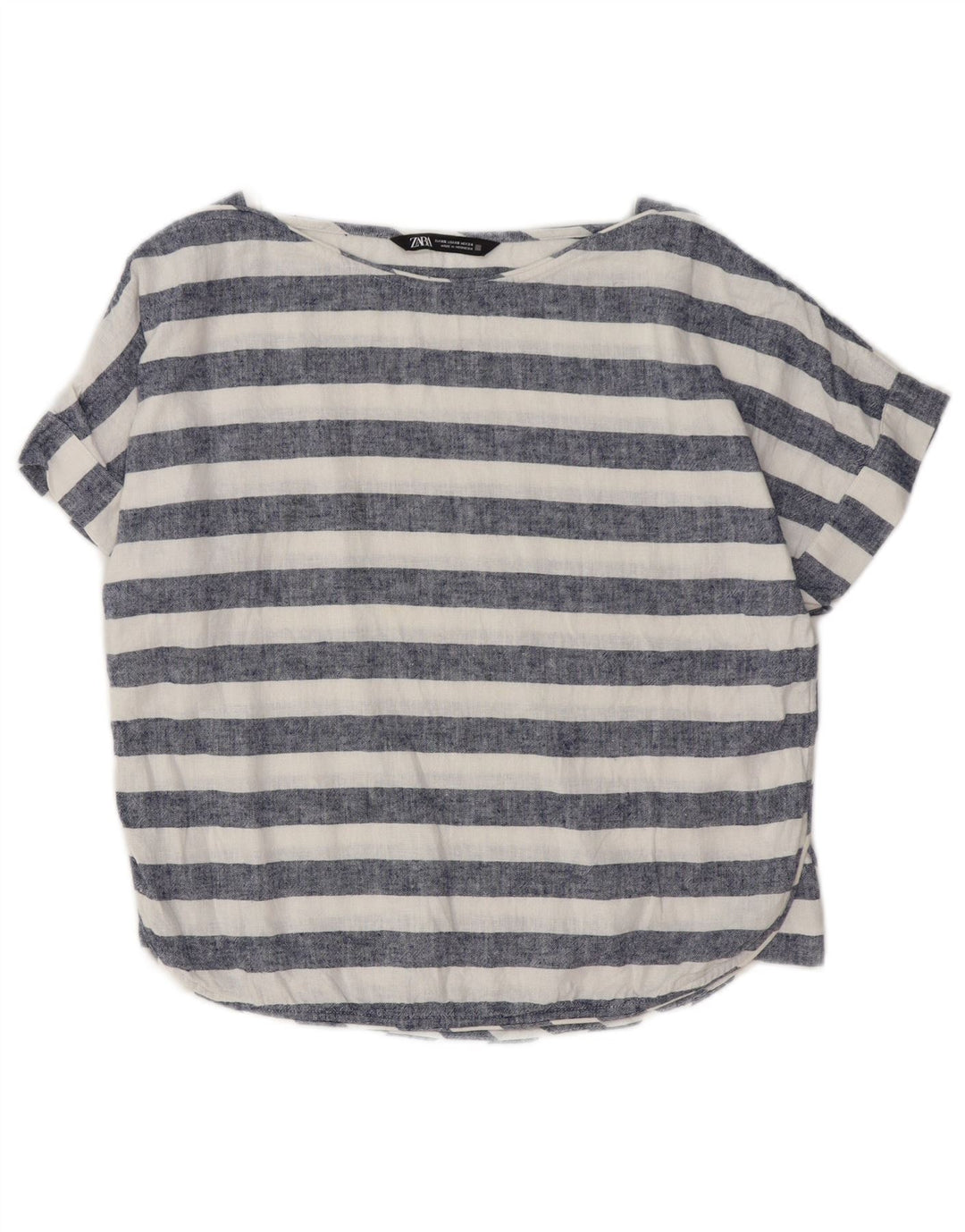 ZARA Femme Blouse Oversize Top UK 6 XS Bleu Rayé Lin