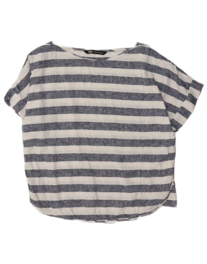 ZARA Femme Blouse Oversize Top UK 6 XS Bleu Rayé Lin