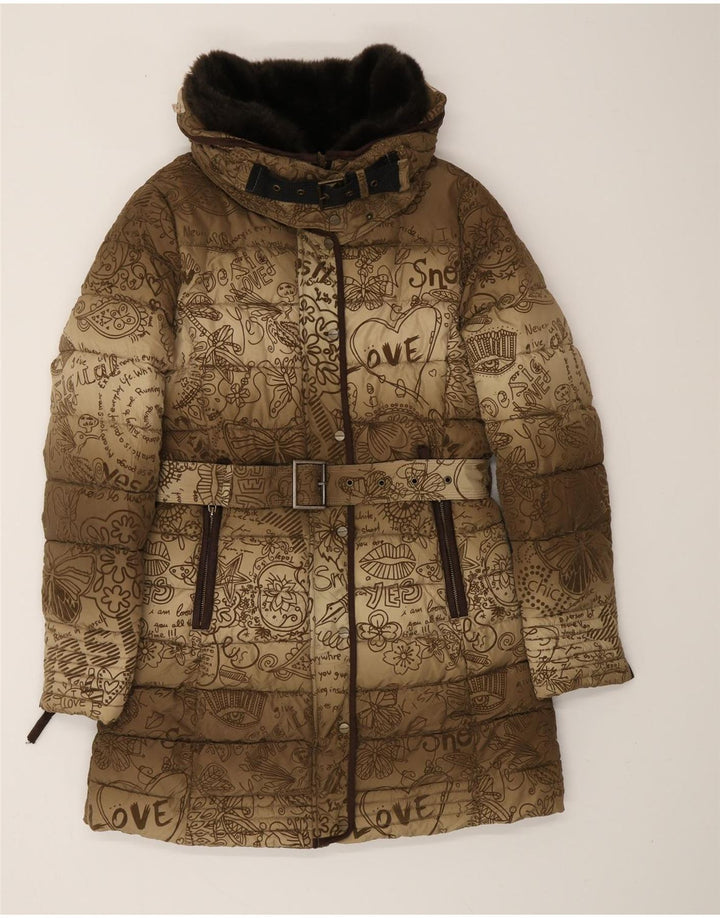 DESIGUAL Manteau rembourré graphique à motif abstrait pour femme EU 38 Marron moyen