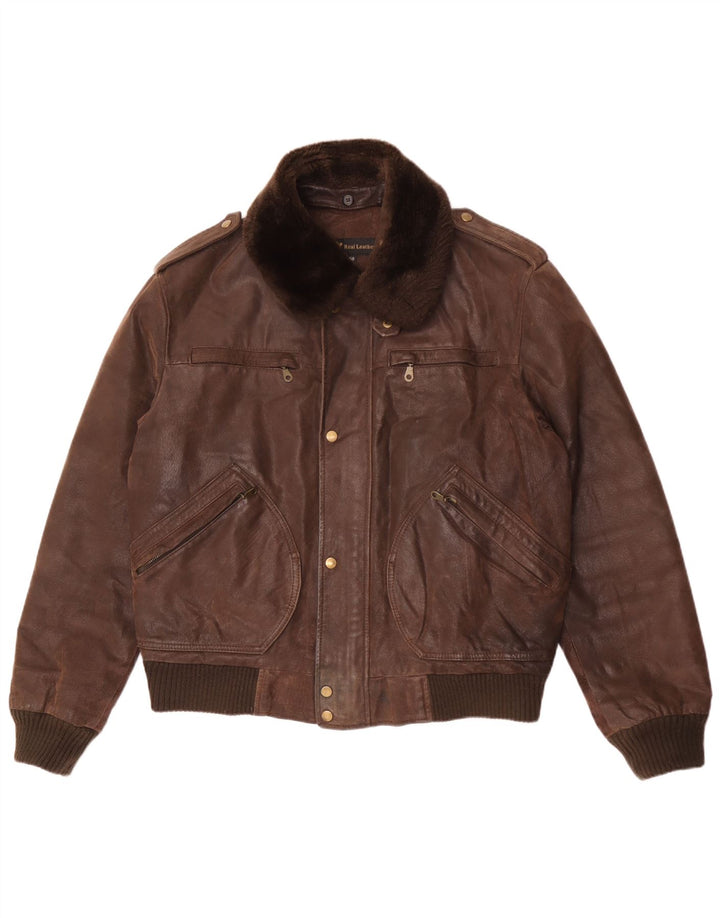 vintage Mens Leather Flight Aviator Jacket IT 50 Grand Cuir Marron