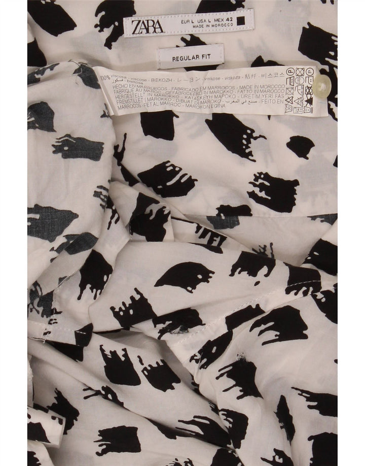 Zara Chemise à manches courtes pour hommes, coupe régulière, grande viscose mouchetée blanche