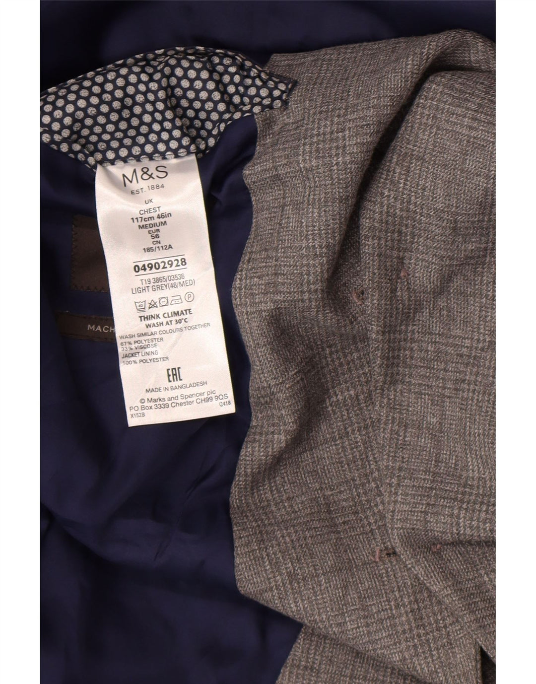 Marks & Spencer Veste blazer à 2 boutons pour homme UK 46 XL Gris à carreaux Polyester
