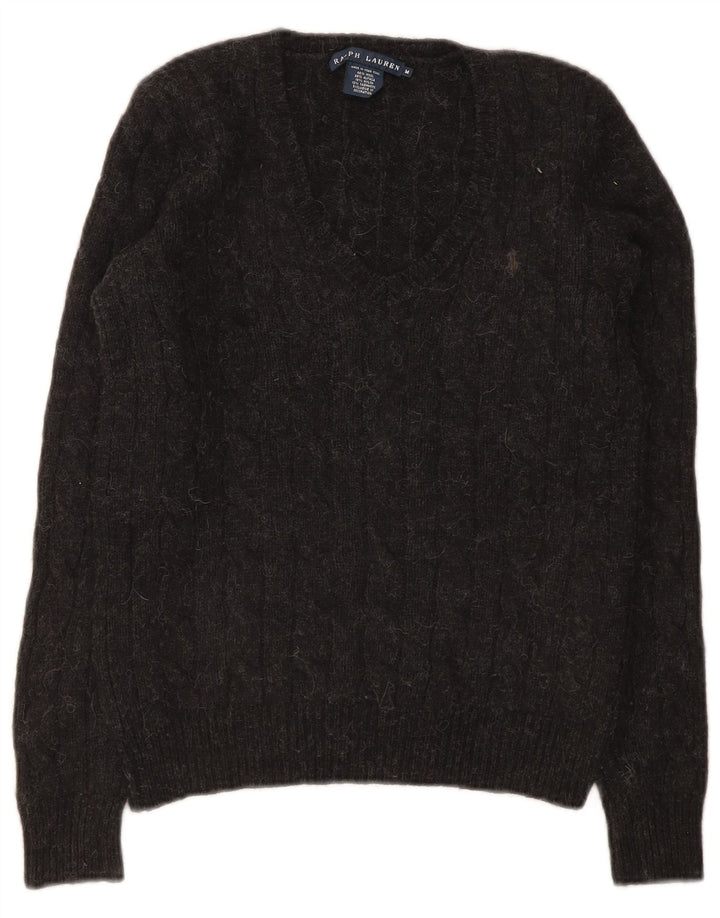 Ralph Lauren Pull col en V pour femme UK 12 Laine gris moyen
