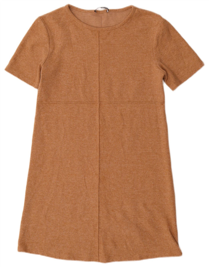 Zara Robe droite à manches courtes pour femme UK 12 Coton beige moyen