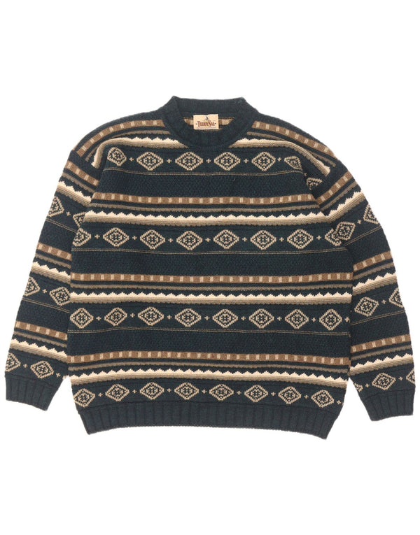 vintage Mens Crew Neck Jumper Pull XL Vert Géométrique Lambswool