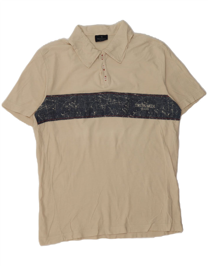 TRUSSARDI JEANS Mens Polo Shirt Medium Beige Striped Cotton Vintage Trussardi Jeans and Second-Hand Trussardi Jeans from Messina Hembry 