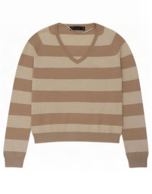 Zara Pull col en V pour femme UK 14 Grand coton rayé beige