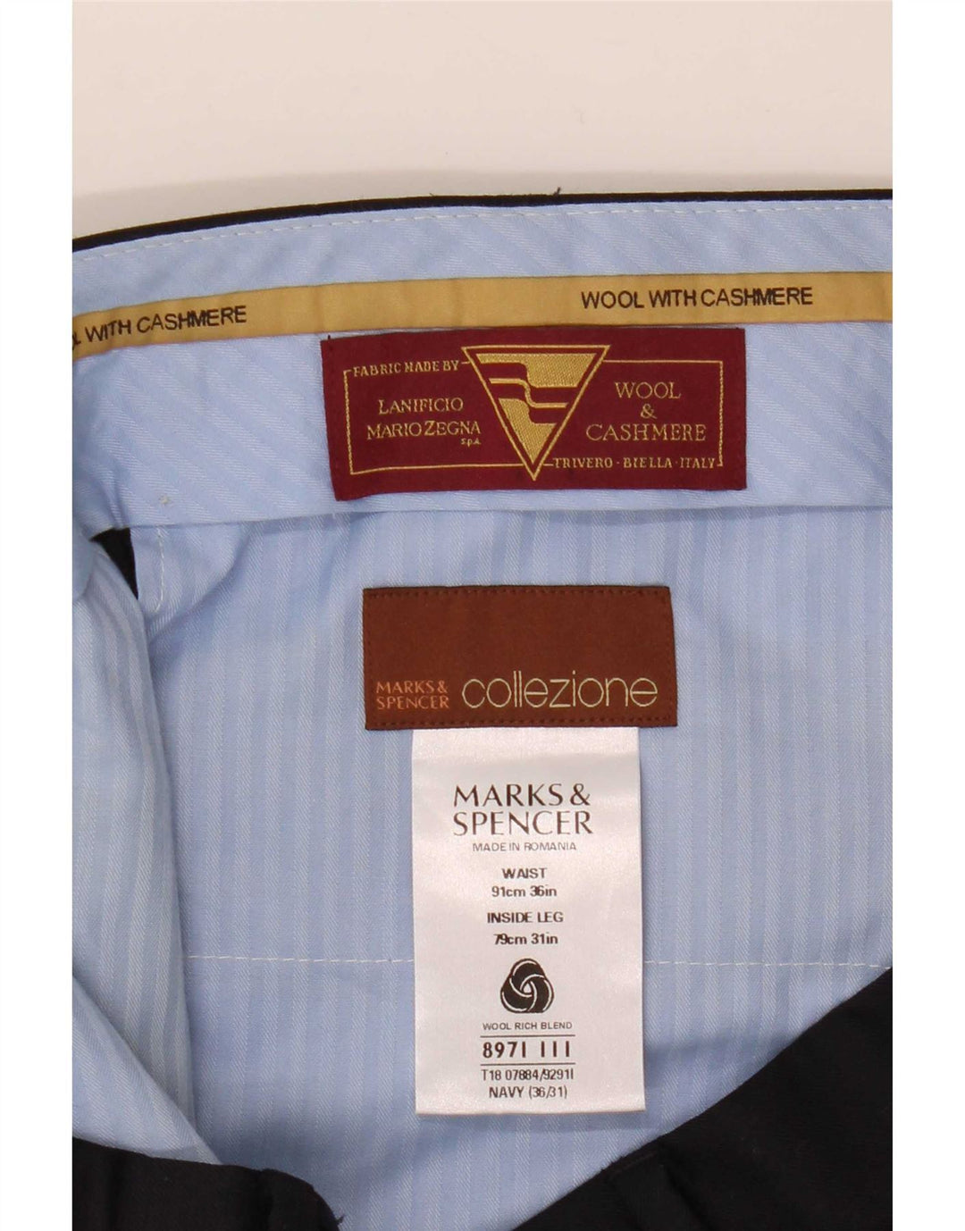 Marks & Spencer Pantalon de Costume Droit Homme W36 L31 Bleu Marine Laine
