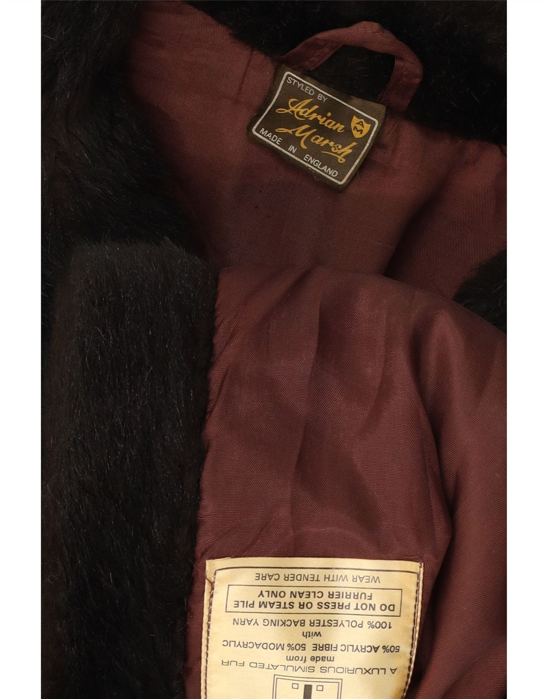 VINTAGE Femme Fausse Fourrure Double Breasted Manteau UK 10 Petit Acrylique Noir