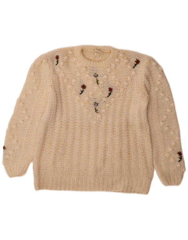 vintage Femmes Crew Neck Jumper Pull UK 14 Moyen Off White Floral