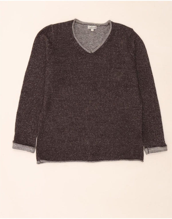 vintage Femme V-Col Jumper Pull UK 16 Grand Gris Moucheté Polyacrylique