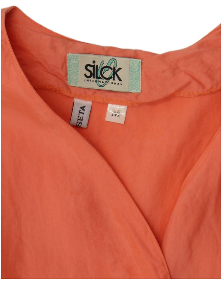 vintage Femme Manches Courtes Blouse Top UK 12 Soie Orange Moyenne
