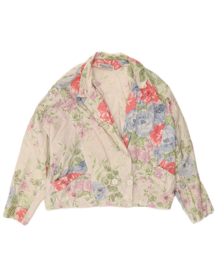 VINTAGE Femmes Crop 3/4 Manches Blazer Veste UK 14 Moyen Blanc Floral