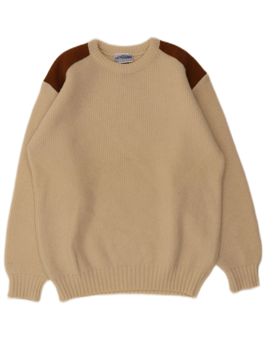 vintage Mens Crew Neck Jumper Pull Moyen Beige Colourblock Laine