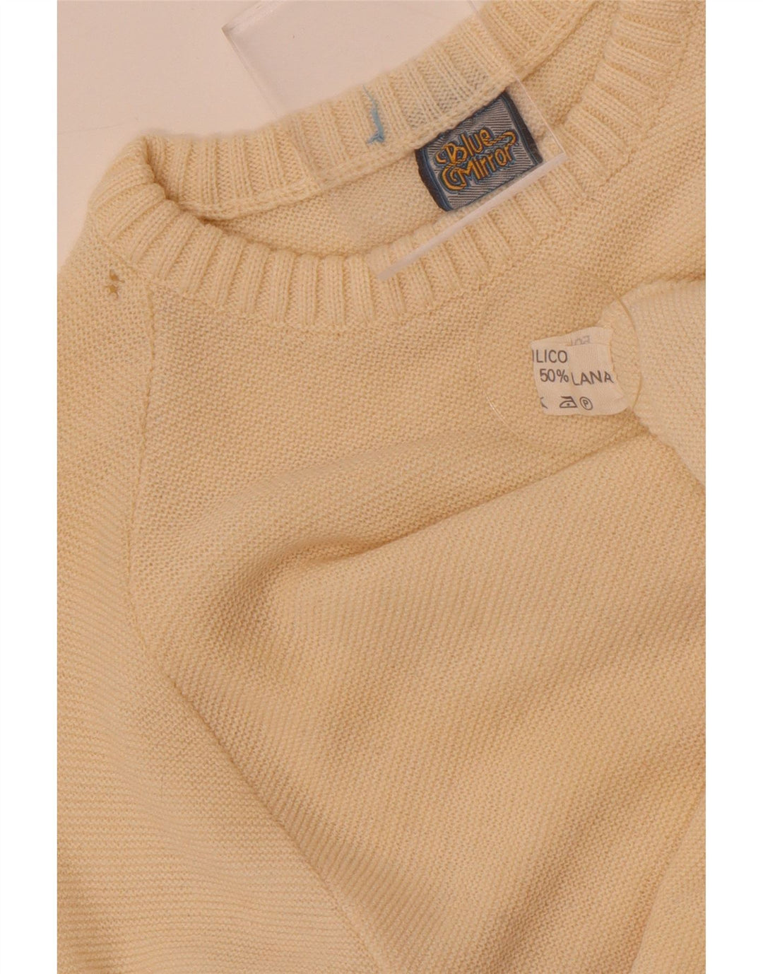 vintage Mens Crew Neck Jumper Pull Petit Off White Colourblock Laine