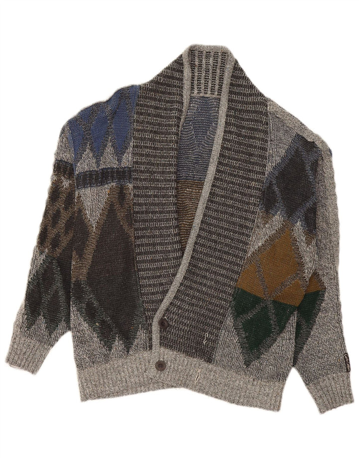 vintage Homme Cardigan Pull IT 50 Gris Moyen Argyle/Diamant