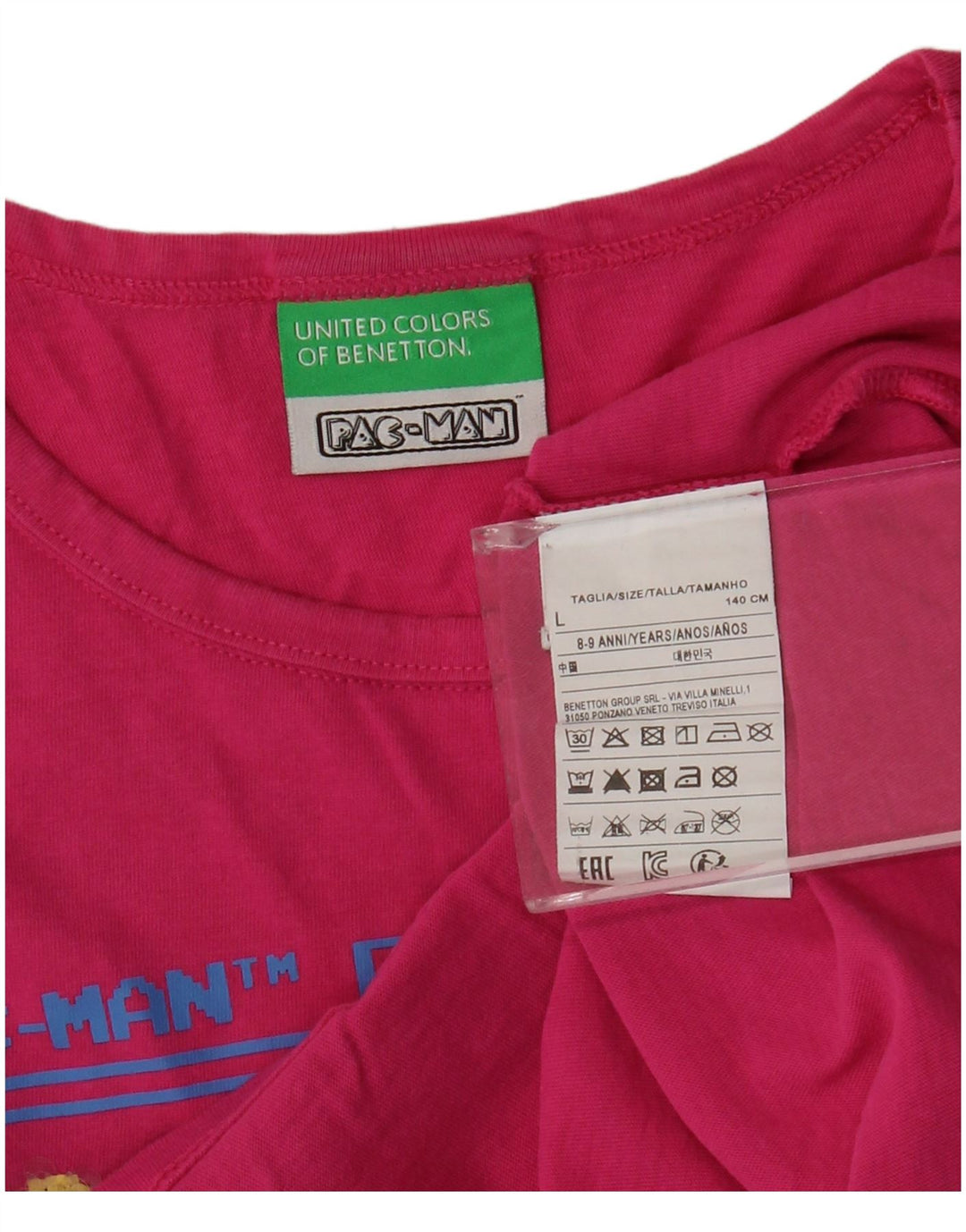 BENETTON Filles Pac-Man Crop Graphic T-Shirt Top 8-9 ans Grand Rose