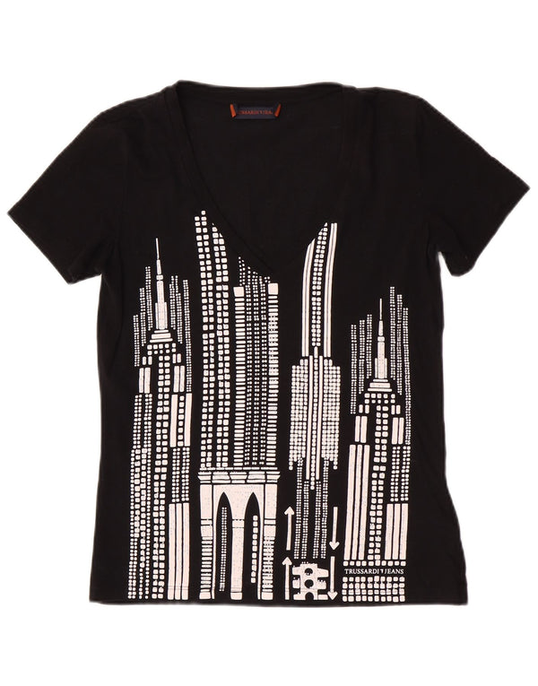 Trussardi Jeans Womens Graphic T-Shirt Top UK 12 Medium Black Cotton