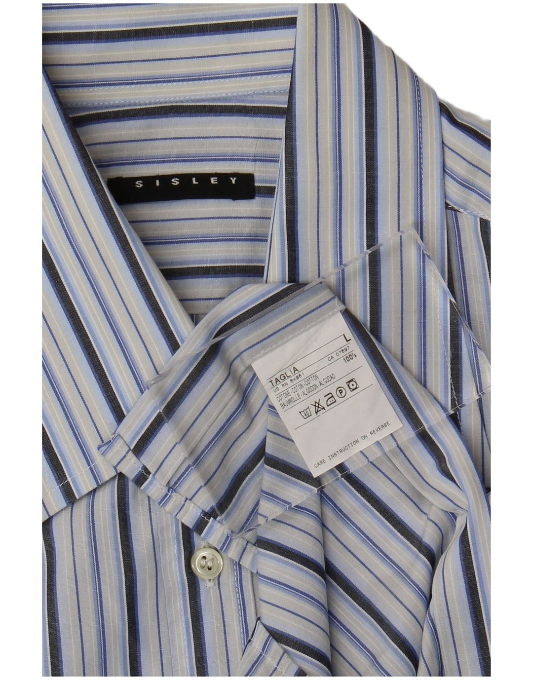 Sisley Chemise à Manches Courtes Large Bleu Rayé Coton