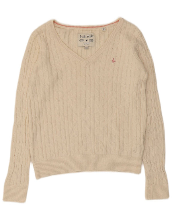 Jack Wills Pull col en V pour femme UK 10 Petit coton beige