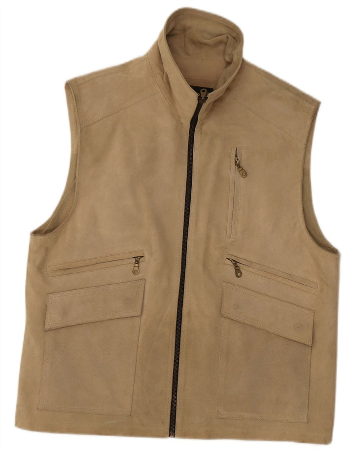 vintage Mens Suede Gilet UK 38 Cuir Beige Moyen