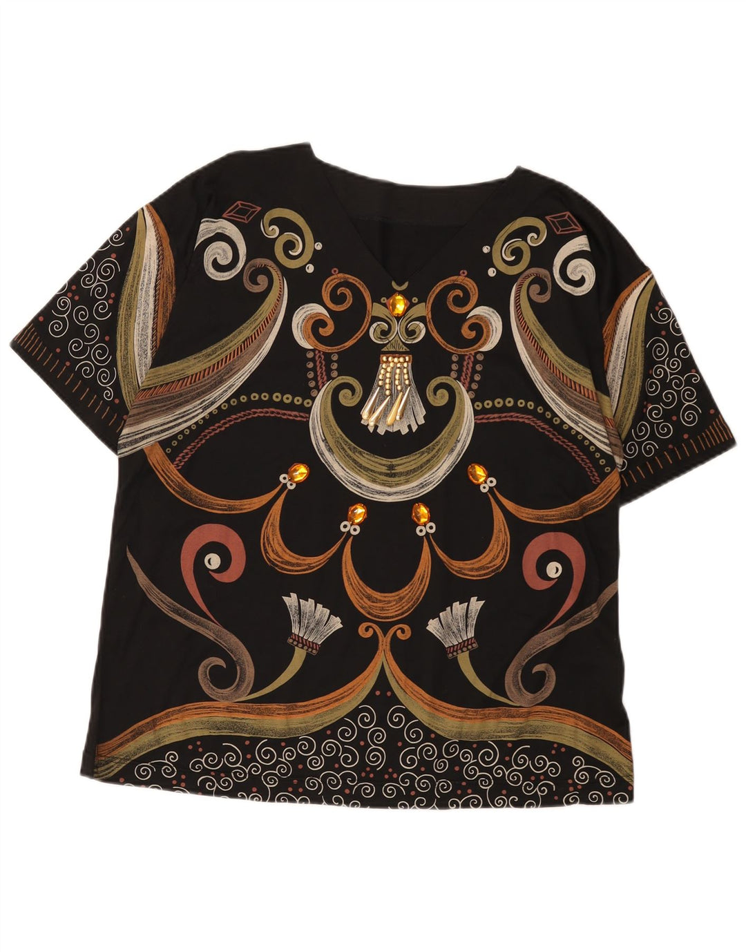 vintage Femmes Motif Abstrait Graphique T-Shirt Top UK 16 Grand Noir
