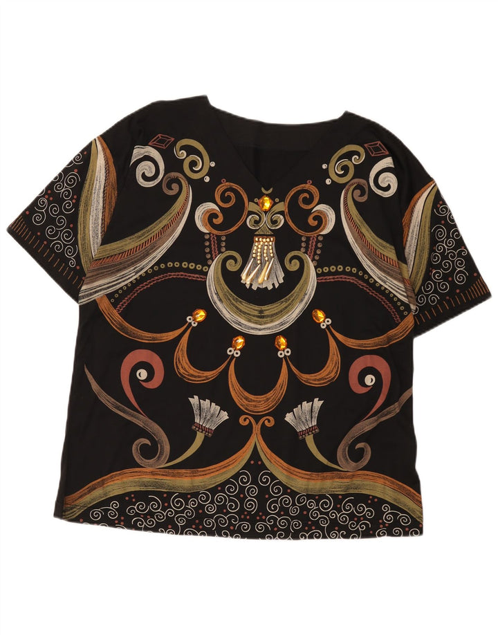 vintage Femmes Motif Abstrait Graphique T-Shirt Top UK 16 Grand Noir
