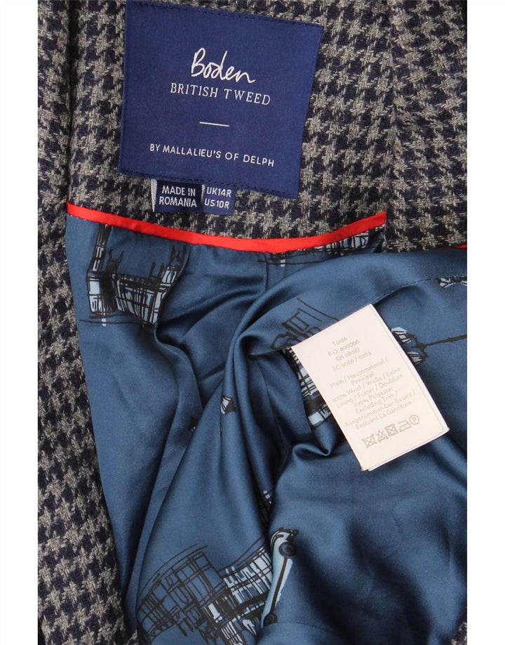 BODEN Veste Blazer 1 Bouton Femme UK 14 Large Bleu Marine Pied-de-Poule Laine