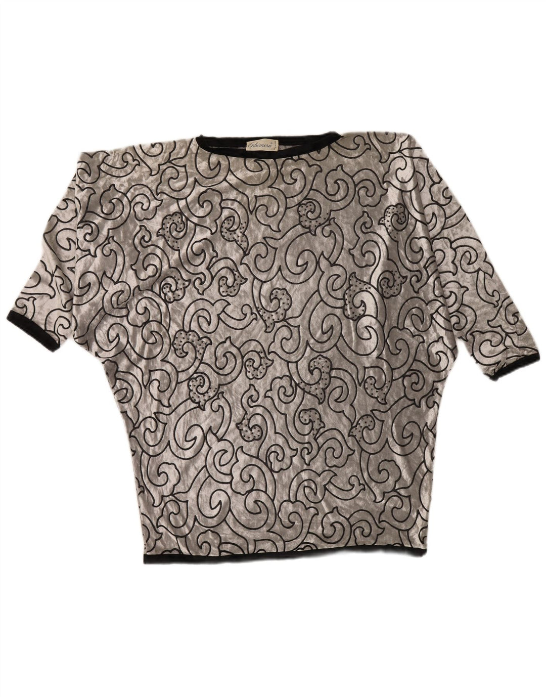 VINTAGE Femmes Batwing Velours Tunique Top UK 22 3XL Argent Géométrique Viscose