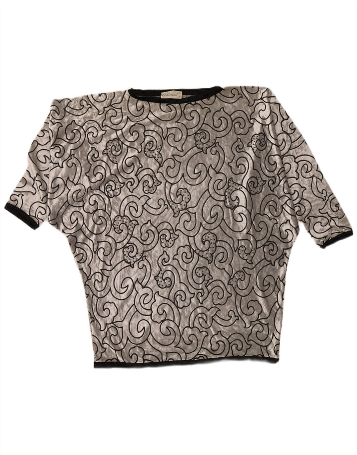 VINTAGE Femmes Batwing Velours Tunique Top UK 22 3XL Argent Géométrique Viscose