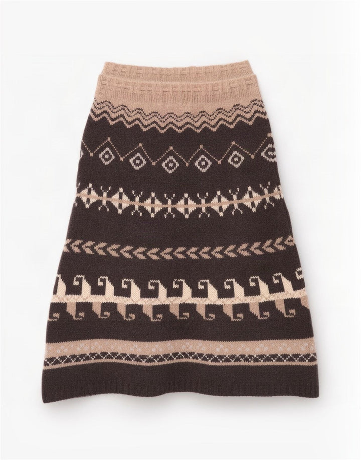 Benetton Jupe Midi En Tricot Taille Unique Marron Géométrique Laine Ethnique Femme
