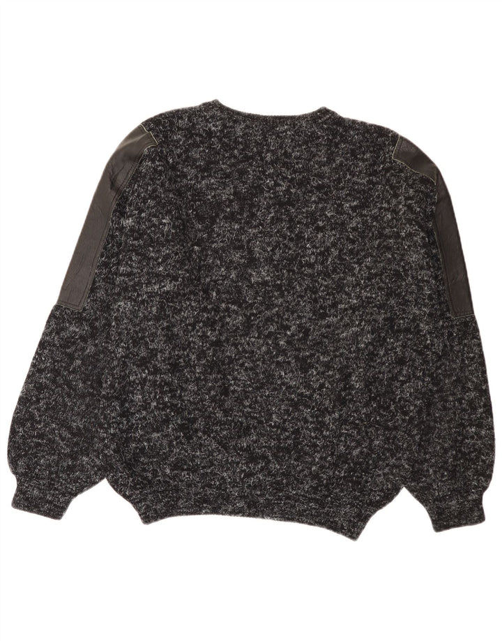 vintage Mens Crew Neck Jumper Pull Grande Laine Patchwork Noir