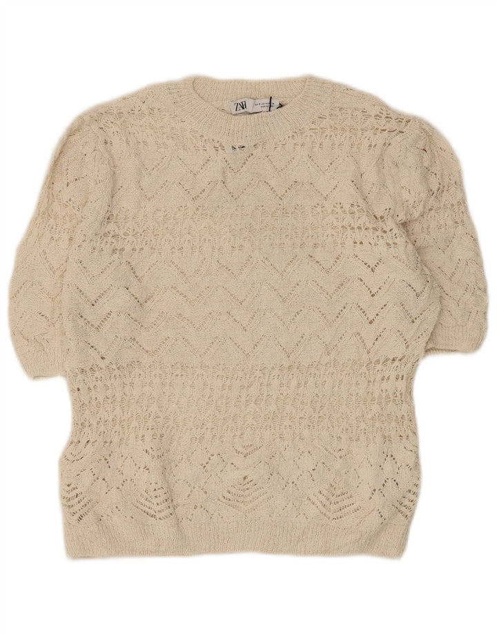 Zara Womens Crop Crochet Blouse Top UK 12 Moyen Blanc Cassé Polyester
