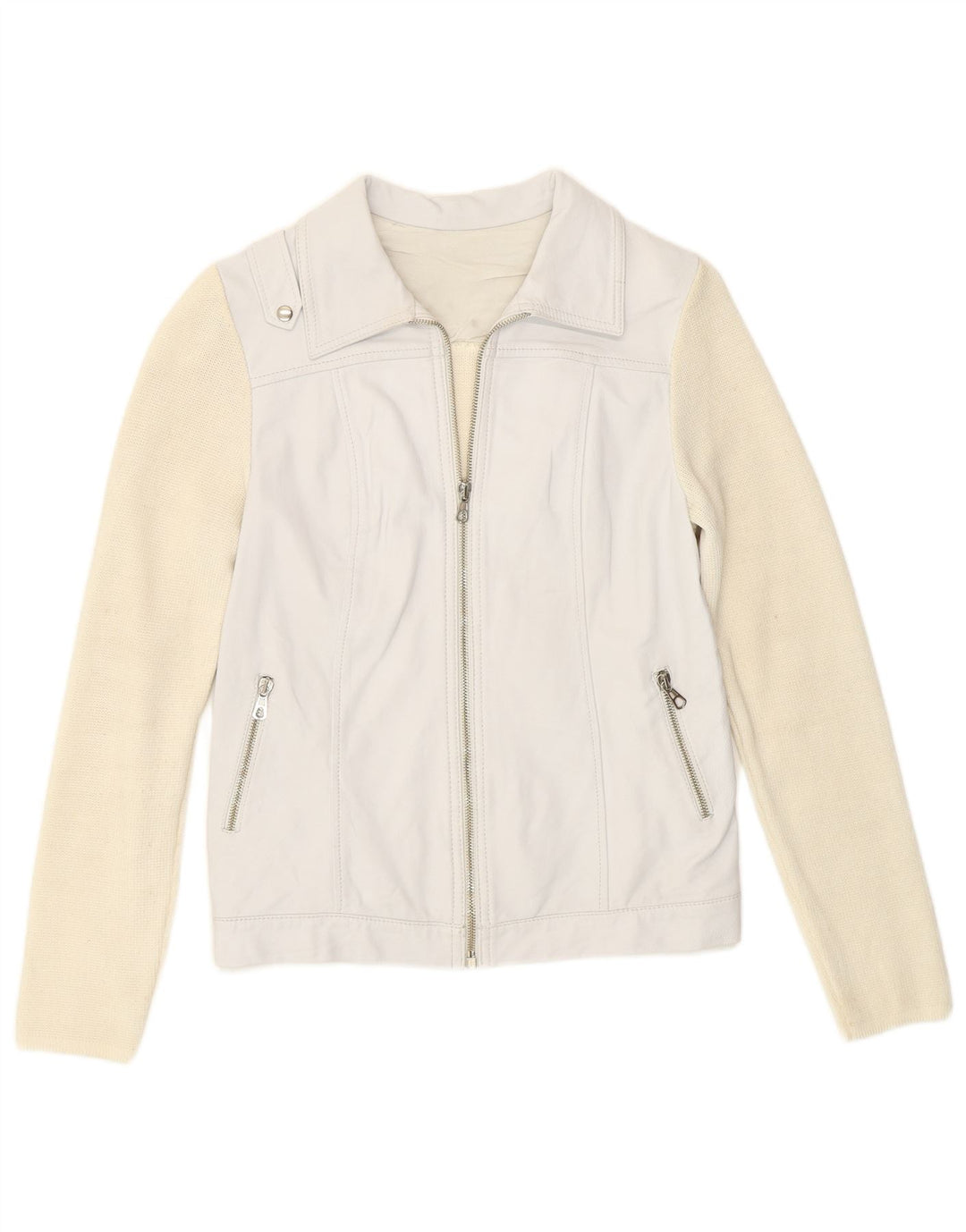 vintage Womens Biker Jacket UK 8 Petit Off White Colourblock Acrylique